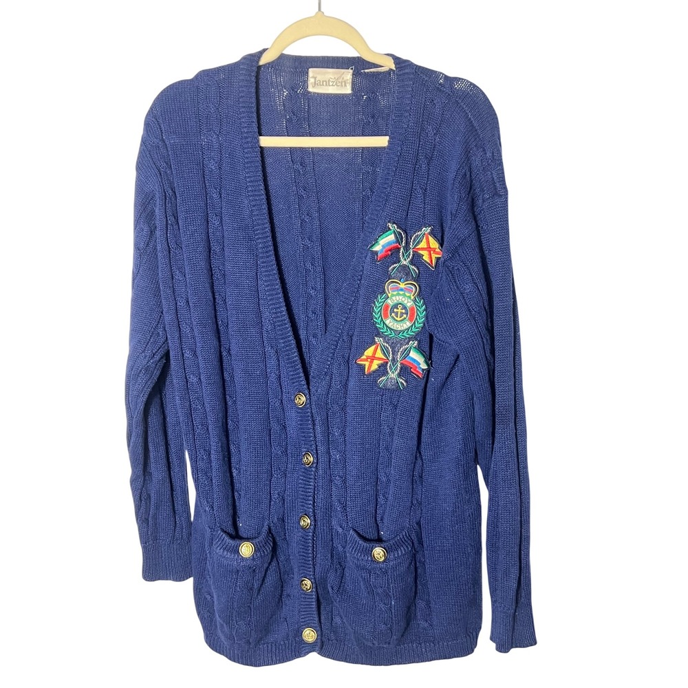 Vintage Nautical Preppy Navy Blue Cable Knit Cardigan Yacht Crest Flags XL